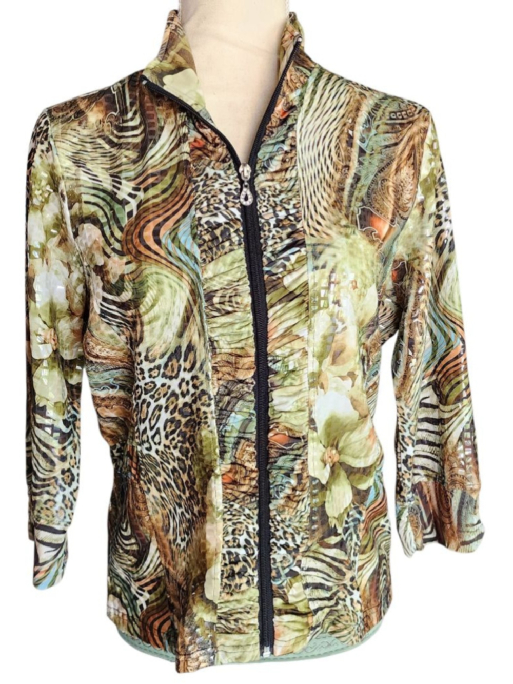 Erin London Y2K Animal Print Zip Jacket P M Sequin Leopard Zebra Floral Shiny